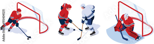 Isometric ice hockey players and goalie set, professional winter sport match action, puck battle and goal defense vector