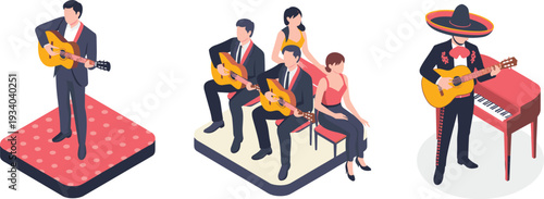 Isometric illustration of guitar musicians performing solo artist, trio band and mariachi player with traditional costume