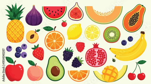 Colorful illustration of various fruits isolated on white background for healthy eating and nutrition concepts