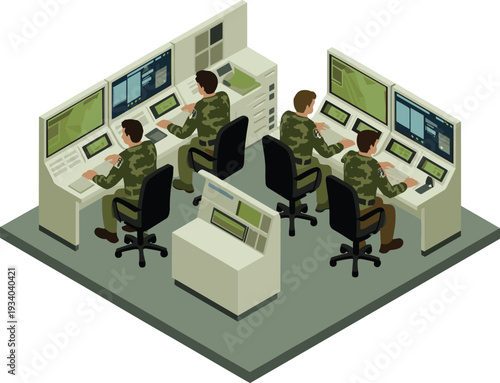 Isometric illustration of military control room with soldiers monitoring radar screens and defense surveillance systems