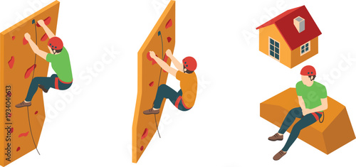Isometric illustration of rock climbers with safety rope, home ownership goal concept, overcoming obstacles for property investment success
