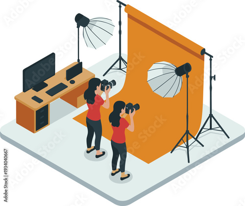 Isometric professional photography studio with photographers, lighting equipment, backdrop and computer workspace illustration