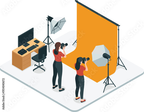 Isometric photography studio scene with professional photographers, lighting equipment, orange backdrop and computer editing workspace illustration