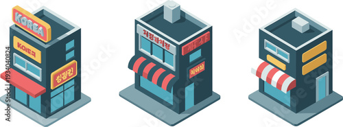 Set of three isometric 3D Korean storefront buildings with signage and awnings urban retail illustration