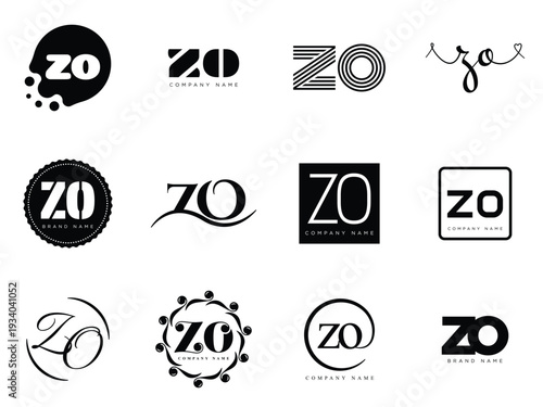 ZO logo company template. Letter z and o logotype. Set different classic serif lettering and modern bold text with design elements. Initial font typography.