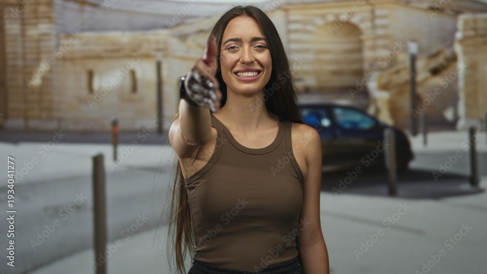 Fototapeta premium Woman extends right hand for handshake on city street near parked car and stone building, smiling with closed eyes; welcoming greeting.