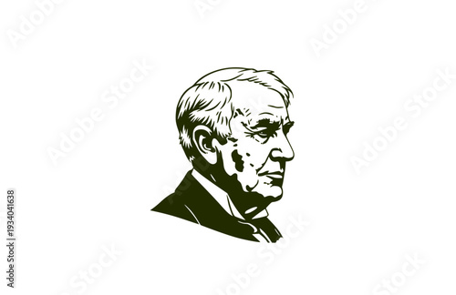 Thomas Edison Lightbulb Profile Silhouette, Inventor and Engineering Vector Sticker, Historical Innovation and STEM Illustration