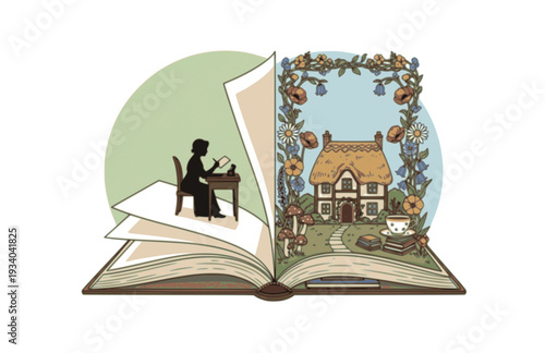 Jane Austen Writing Silhouette, Regency Literature Vector Sticker, Famous Author and Bookish Cottagecore Illustration