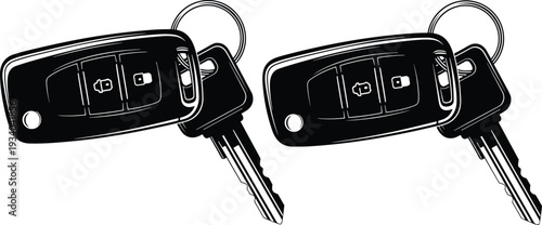 Car keys automotive accessories silhouettes illustration vector vehicle security fob graphics, transportation design concept, black and white creative art collection