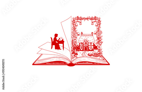 Jane Austen Writing Silhouette, Regency Literature Vector Sticker, Famous Author and Bookish Cottagecore Illustration