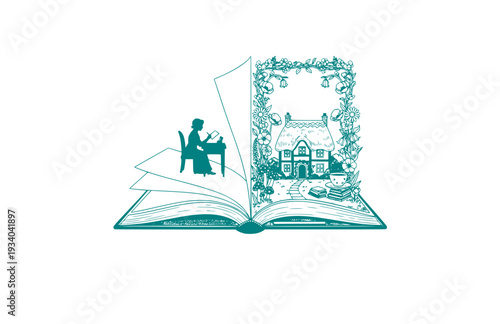 Jane Austen Writing Silhouette, Regency Literature Vector Sticker, Famous Author and Bookish Cottagecore Illustration