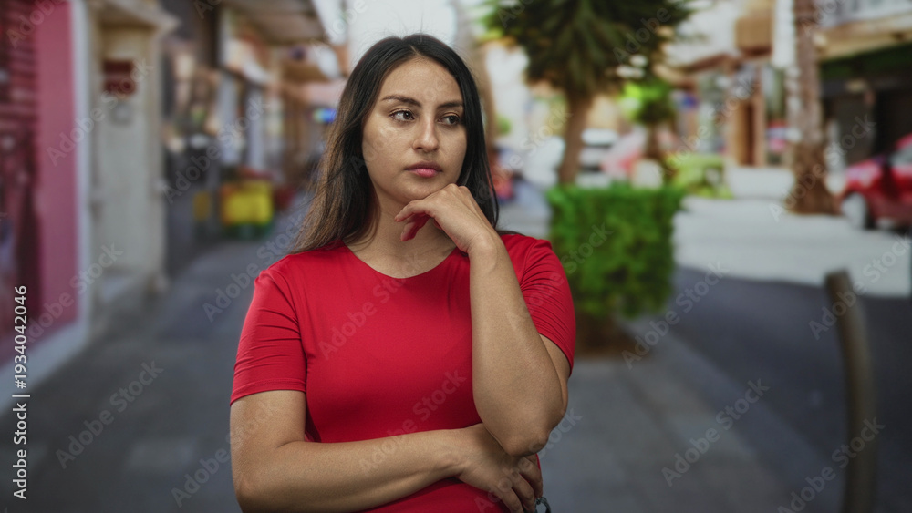 Fototapeta premium Woman with hand on chin and crossed arms standing on a street in a city near shops, wearing red top, looking sideways; thoughtful reflection decision.