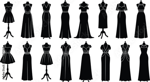 Fashion dresses silhouettes illustration vector clothing design garment retail couture graphics, style collection concept, black and white creative art set