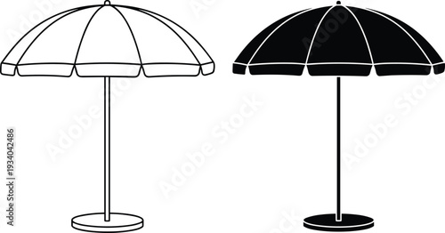 Beach umbrellas summer vacation silhouettes illustration vector travel leisure graphics, holiday design concept, black and white creative art collection