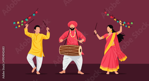 Festive Indian Celebration: Traditional Dandiya Dance and Dhol Drum Music Vector Art