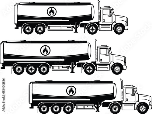 Fuel tanker trucks logistics silhouettes illustration vector transportation safety vehicle graphics, flammable cargo concept, black and white creative art collection
