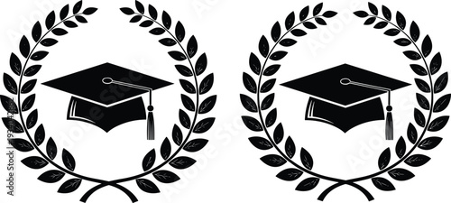 Graduation caps academic achievement silhouettes illustration vector education honor excellence graphics, scholarly recognition concept, black and white creative art collection