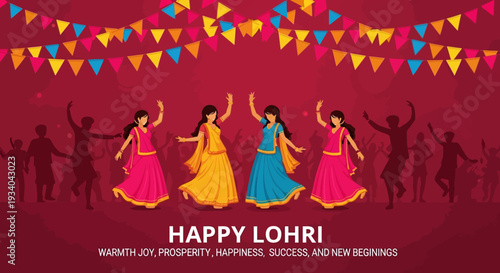 Happy Lohri Festival Celebration Background with Dancing Women, Bunting Flags, and Festive Silhouettes