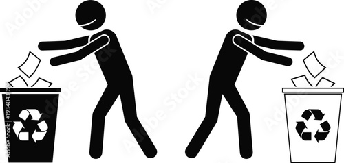 Recycling paper environmental sustainability silhouettes illustration vector eco responsibility graphics, waste management concept, black and white creative art collection