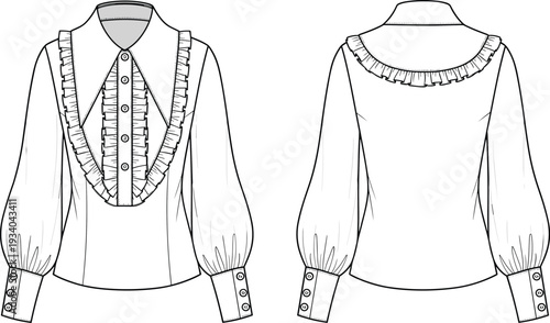 Women’s blouse fashion technical illustration vector garment construction apparel design clothing graphics, ruffle trim concept, black and white creative art collection