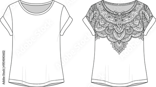 Women’s tops fashion silhouettes illustration vector apparel garment clothing design graphics, lace embroidery concept, black and white creative art collection