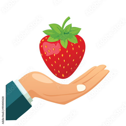 Hand holding a ripe strawberry against a white background
