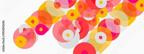 Abstract composition featuring overlapping circles. Pink, orange, yellow hues dominate design. Minimalist, modern aesthetic.