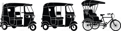 Auto rickshaw and cycle rickshaw vector illustration set, traditional Asian public transport vehicles, black and white silhouette design