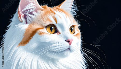 An close-up, high-detail portrait of a fluffy orange cute cat against a solid black.