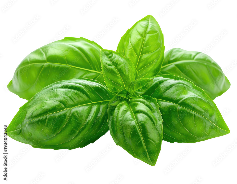 Fototapeta premium Fresh green herb leaves, glossy and vibrant, isolated on black background
