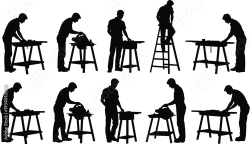 Carpenter and construction worker silhouettes vector set, woodworking tools and workshop activities, man using saw and ladder, black and white illustration