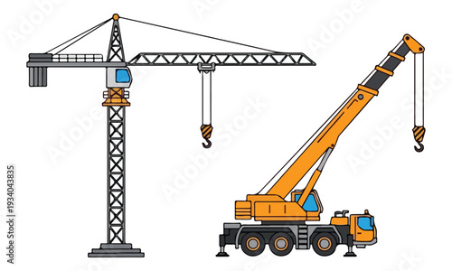 Tower Crane and Mobile Crane: Heavy Construction Equipment Illustration