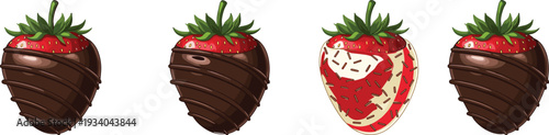 Chocolate covered strawberry set with dark and white coating, sweet dessert fruit vector illustration isolated on white background