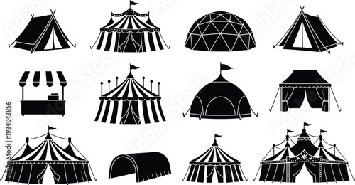 Circus and camping tent silhouettes vector set, carnival big top, dome shelter and market stall icons, black and white outdoor festival illustration