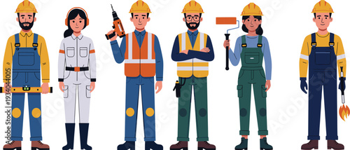 Construction workers and industrial professionals vector illustration set, engineer, electrician, painter, technician in safety helmet and uniform, flat design characters collection
