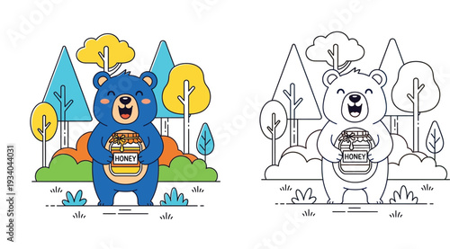 Cute cartoon blue bear holding honey jar in the forest, vector illustration featuring colorful version and black and white line art outline for kids coloring book.