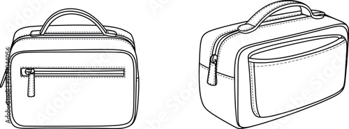 Cosmetic bag front and perspective view outline vector illustration with zipper pocket handle detailed stitching toiletry pouch mockup