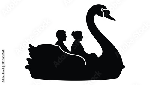 A black silhouette of a swan boat with two people isolated on white background, Vector