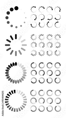 Minimalist mega collection of various circular loading buffering icon sets for digital UI UX interface design.