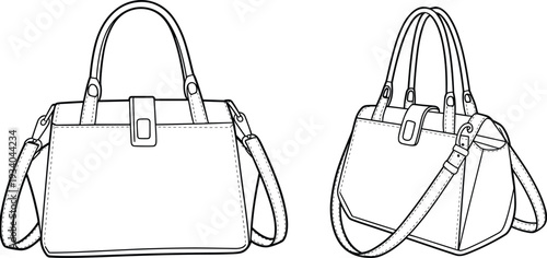Elegant women handbag front and perspective view outline vector illustration with shoulder strap buckle and detailed stitching mockup template