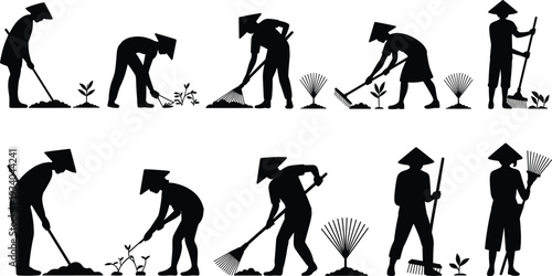 Farmer gardening silhouettes vector set, traditional agricultural workers planting, digging and raking soil, rural farming activities black and white illustration