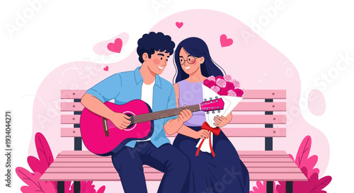 Romantic Couple Serenade: Man Plays Guitar for Woman with Flowers on Park Bench. Love and Dating Concept Illustration.