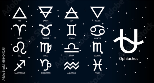 Complete zodiac set for horoscopes on black background including Ophichius. Traditional astrology symbols 