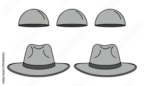 Cartoon Gray Fedora Hats and Dome Hat Parts on White Background