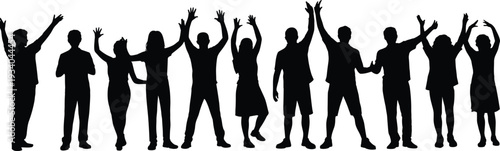 Group of people cheering silhouettes vector illustration, diverse crowd with raised hands celebrating success, teamwork and community concept, black and white design