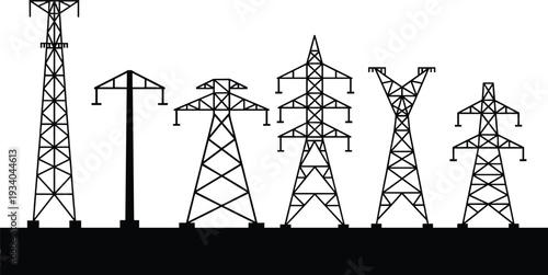 High voltage power transmission tower silhouettes set, electricity pylon infrastructure vector illustration isolated on white background for energy design
