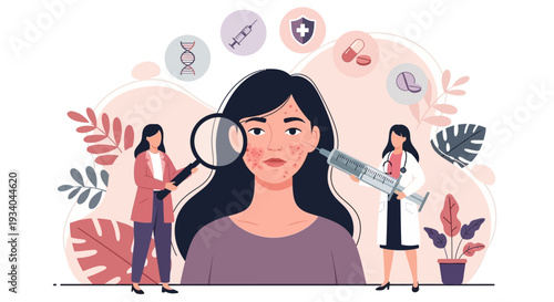 Dermatology Skincare & Acne Treatment Consultation: Doctor Examining Woman with Blemishes, Offering Medical Solutions & Injections