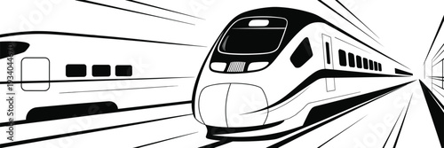 High speed train vector illustration, modern bullet train racing through station platform, dynamic perspective, railway transport motion, minimal black and white line art