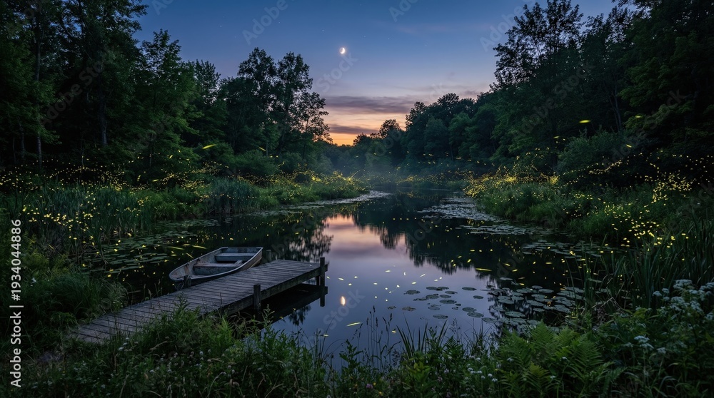 Obraz premium Serene twilight scene with glowing fireflies over a tranquil lake and wooden dock