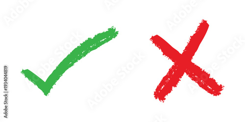 Green Check Mark and Red Cross Symbol Hand Drawn with a brush stroke effect on a clean white background.